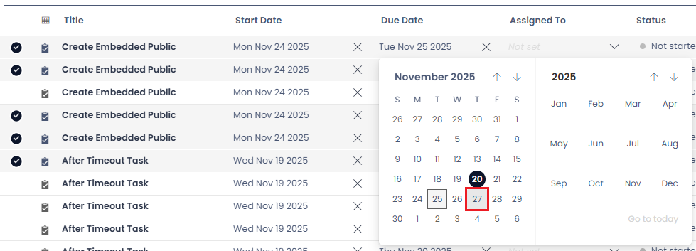 Date picker on the inline task selecting another date